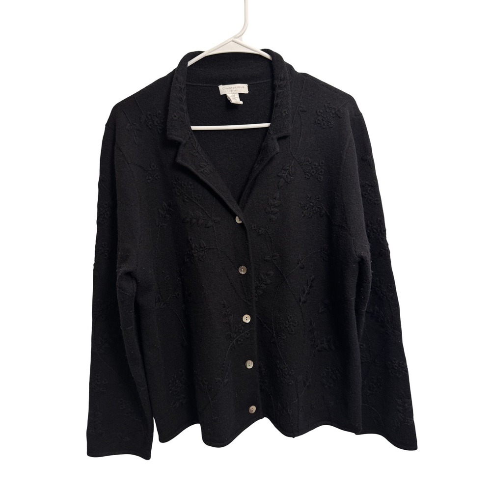 Charter Club Petite Black 100% Merino Wool Floral Embroidered Cardigan Sweater